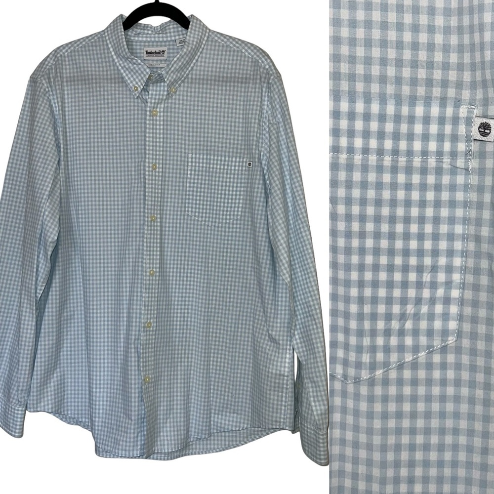 Timberland long sleeve button down white & light blue checked shirt size XXL.